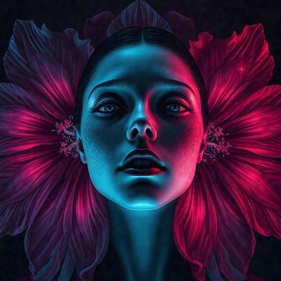 The primary subject of the image is a woman with a flower in her hair. She is wearing a blue dress and has a pink flower in her hair. The setting is a dark room, and the visual style is a digital art or illustration. The dominant colors in the image are blue and pink, creating a calm and serene atmosphere.